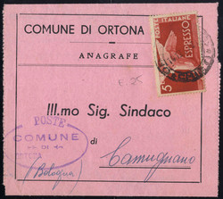 1946, Democratica espresso, 5 Lire su modulo da Ortona Mare del 6.12 ...