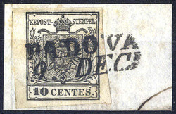 1850, 10 Cent. nero, carta a mano, su frammento da Padova (Sass. 2)