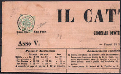 1853, 2 kr. verde grigio su testata di giornale, firmato Sorani, ...