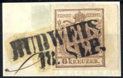"Budweis / 18. SEP.", RL-R auf Briefstück 6 Kreuzer braun, 12 Punkte ...