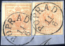 "Poprad", RS-f (Müller 15 Punkte) auf Briefstück mit zwei 3 kr. rot ...