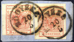 "Högyesz", (Müller 1009a - 12 Punkte) auf Briefstück mit zwei 3 kr ...