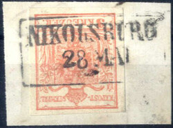 "Nikolsburg", (Müller 1935e - 24 Punkte) auf Briefstück mit 3 kr. ...