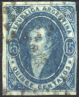 1864, Bernardino Rivadavia, 15 C blau ungezähnt gestempelt, ...