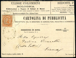 1889, cartolina di pubblicità del 13.10.1889 da Bologna a Siena, ...