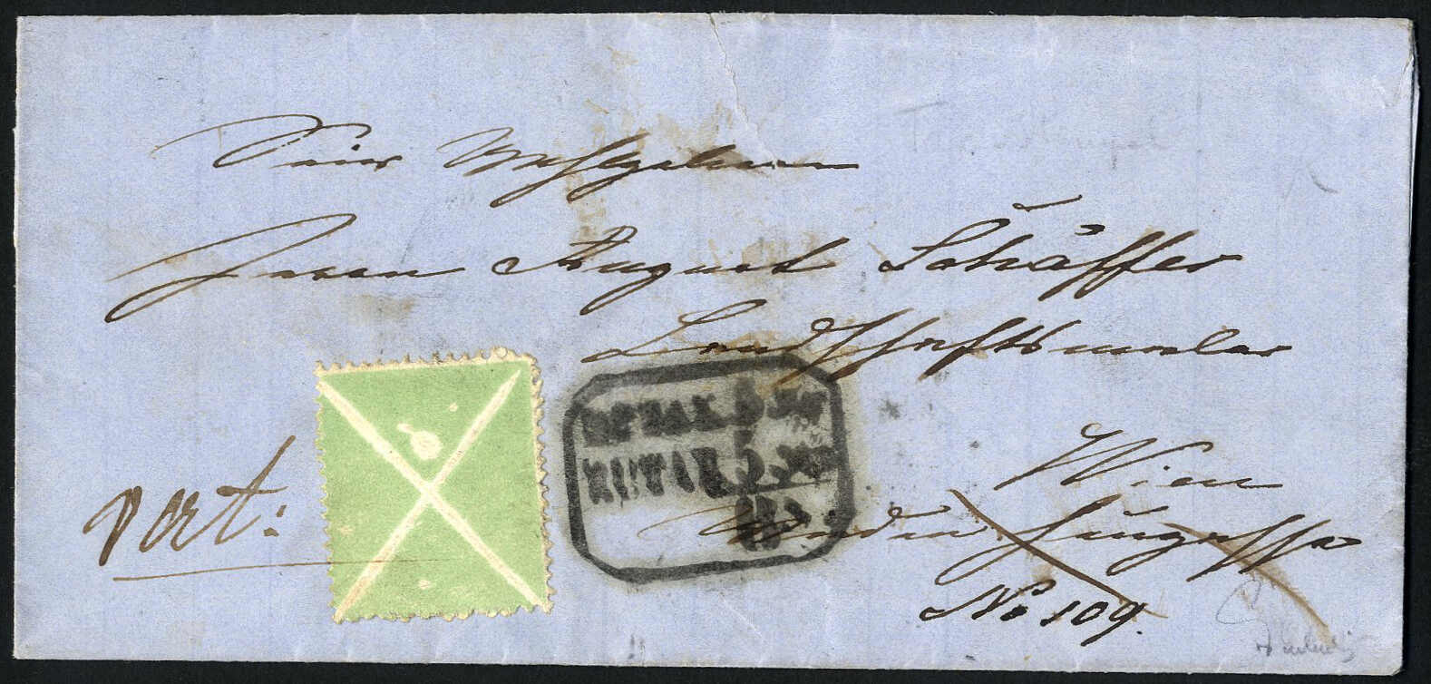 1858/59, Großes grünes Andreas-Kreuz als Freimarke verwendet auf ...