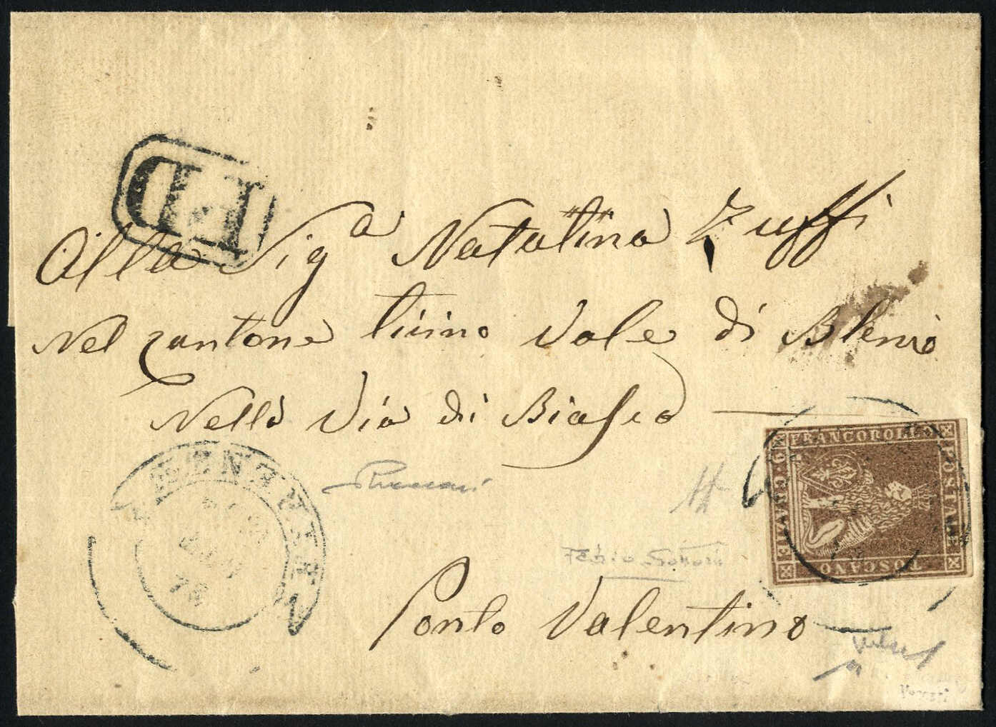 1854, lettera di primo porto affrancata con 9 cr. da Firenze 24/10/59 ...