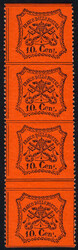 1868, stemma pontificio, 10 c. vermiglio arancio dentellato, striscia ...