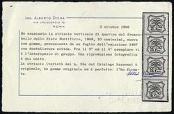 1868, stemma pontificio, 10 c. vermiglio arancio dentellato, striscia ...