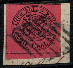 1867, frammento con stemma pontificio 20 c. rosso indiano non ...