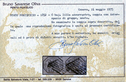 1852, 6 b. lilla azzurrastro coppia con interspazio di gruppo, cert. ...