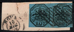 1852, 7 b. azzurro coppia con interspazio di gruppo su frammento ...