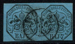 1852, 7 b. azzurro coppia con interspazio di gruppo, usato, Sass. 8