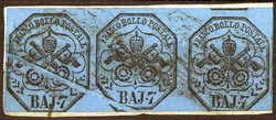 1852, 7 b. azzurro striscia di tre con interspazio di gruppo e plie ...