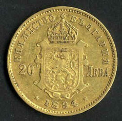 20 Lewa, 1894 KB, Ferdinand 1887-1918, Gold, Fein 5,8 Gr., Y 22, KM ...