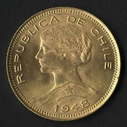 100 Pesos, 1948, Gold, Fein 18,3 Gr., Y 49a, KM 175, stfr ...