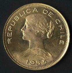 100 Pesos, 1953, Gold, Fein 18,3 Gr., Y 49a, KM 175, stfr ...