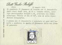 1854, 20 c. azzurro chiaro usato e su frammento con cert. Bolaffi, in ...