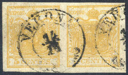1850, coppia 5 c. giallo ocra, annullato Verona, cert. Vaccari, Sass. ...