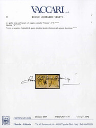 1850, coppia 5 c. giallo ocra, annullato Verona, cert. Vaccari, Sass. ...