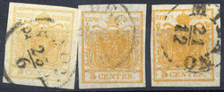1850, 5 centesimi, lotto di tre esemplari con gradazioni di colore ...