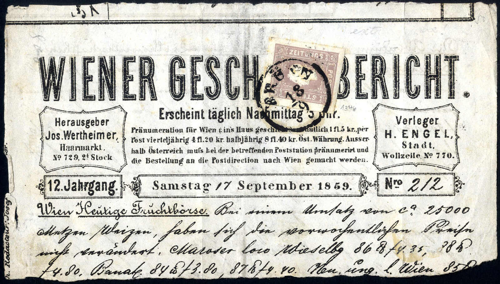 Lot 265 - europe austria newspaper stamp 1858/59 -  Viennafil Auktionen 97th Public Auction Golden Heritage: Austrian Rarities & European Treasures Auction