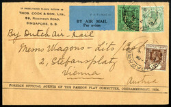1934, Luftpostbrief auf der Linie Amsterdam-Bandoeng von Singapur am ...