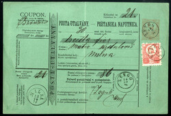 1874, Postanweisung zu 5 Kr. mit wertgleicher Zusatzfrankatur von ...