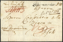 Neusatz, 1766, Rekobrief nach Pest, mit Stempel "Peterwardein" und ...