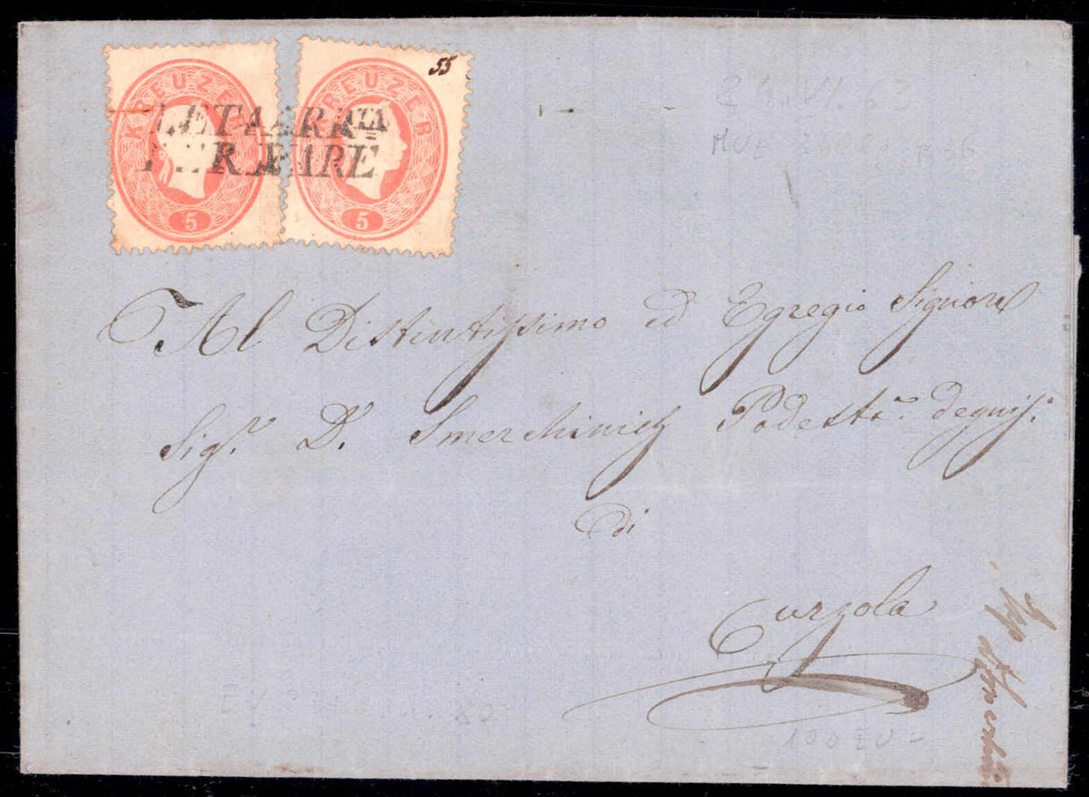 LETA ARR.TA / PER MARE, 1863, Schiffsbrief vom 4.6.1863 nach Curzola, ...