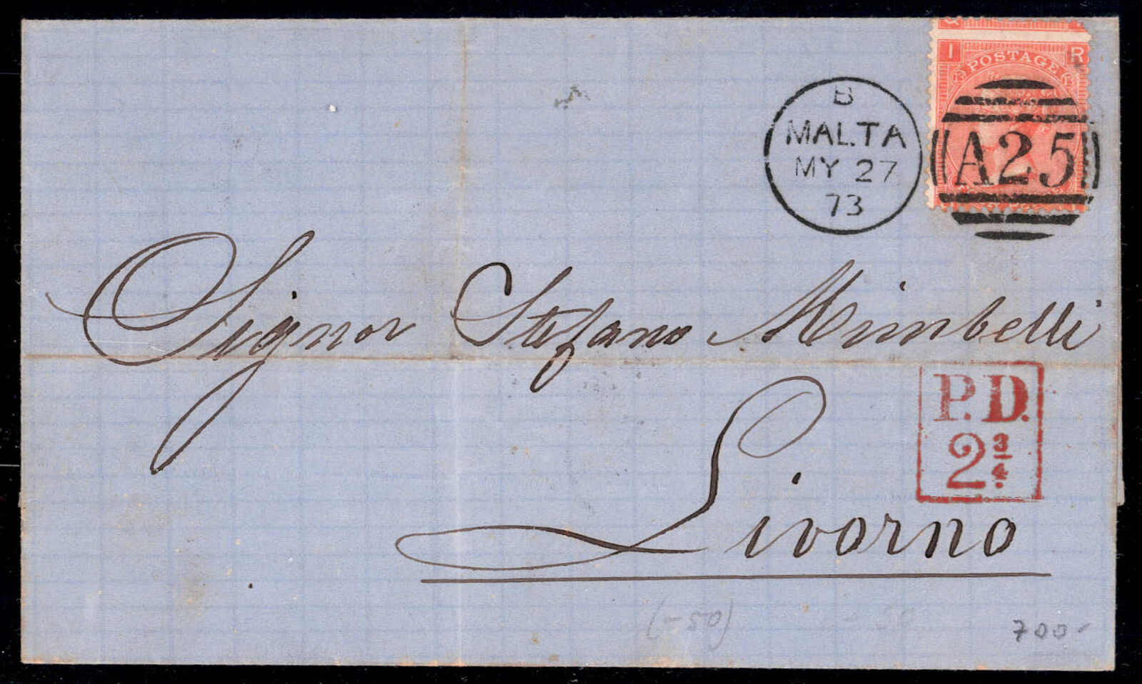 1873, Brief vom 27.5.1873 von Malta nach Livorno, frankiert mit GB 4 ...