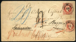 Oberlana 1869, Briefumschlag mit Werteindruck 5 Kr. rot (grober ...