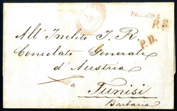 Triest 10.1.1855, Franobrief über Genua, Cagliari nach Tunisi mit ...