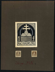 1917, Briefmarken-Entwurf "Stephanskrone, 1 Filler" mit 2 Probedrucke ...