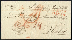 GOSPICH / ILLYRIE; 1827, in rot, , Brief nach Semlin, Taxe 14 Kr., ...