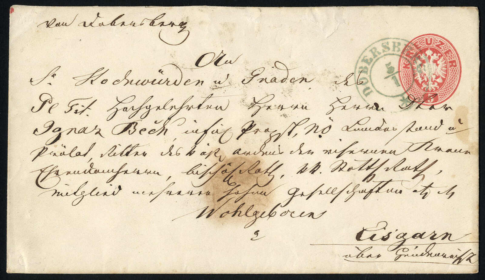 Dobersberg 5.1. (Blau), 5 Kreuzer Ganzsachenumschlag nach Eisgarn, ...