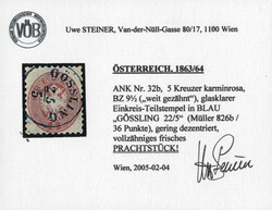 Gössling 25.5. (Blau) auf 5 Kreuzer, Attest Steiner, ANK 32, Müller ...
