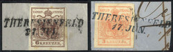 Theresienfeld, zwei Briefstück, das eine mit 3 Kreuzer Blaustempel, ...