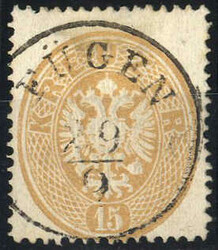 Fügen 29.9., 15 Kreuzer Adler-Ausgabe eng gezähnt, ANK 28 / Müller ...