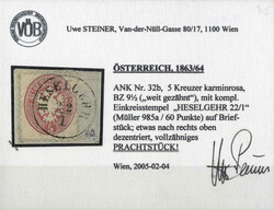 Heselgehr 22.1., Briefstück mit 5 Kreuzer, Pracht, Befund Steiner, ...
