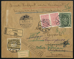 1923, eingeschriebene Luftpost Dienstsache von Vöslau am 17.10. nach ...