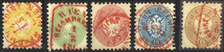 1863, 2 bis 15 Kreuzer mit Wiener Rotstempel, ANK 30-34 / 820 ...