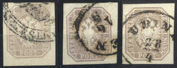 1863, 1,05 Kreuzer in verschiedenen Farbnuancen, drei gestempelte ...