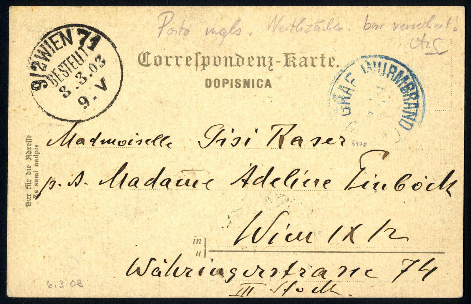 1903, Correspondenzkarte (Panduren in Knin) vom 6.3.1903 mit dem ...