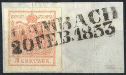 Lambach 20. FEB 1853, Langstempel auf 3 Kreuzer Briefstück, ANK 3 / ...