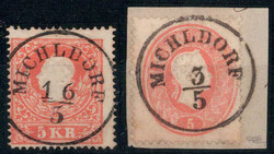Michldorf, Einkreisstempel je auf 5 Kreuzer Briefstück 1858 und 1860 ...