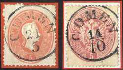 Comen, (Müller 426 Punkte 60 bzw. 85) auf 5 Kr rot III Ausgabe und ...