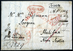 V TRIEST, 1829, Brief rot nach Halifax (Neuschottland) über Mailand ...