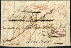 V TRIEST 1834, Brief nach Boston (USA) über Huningen und Forwarder ...