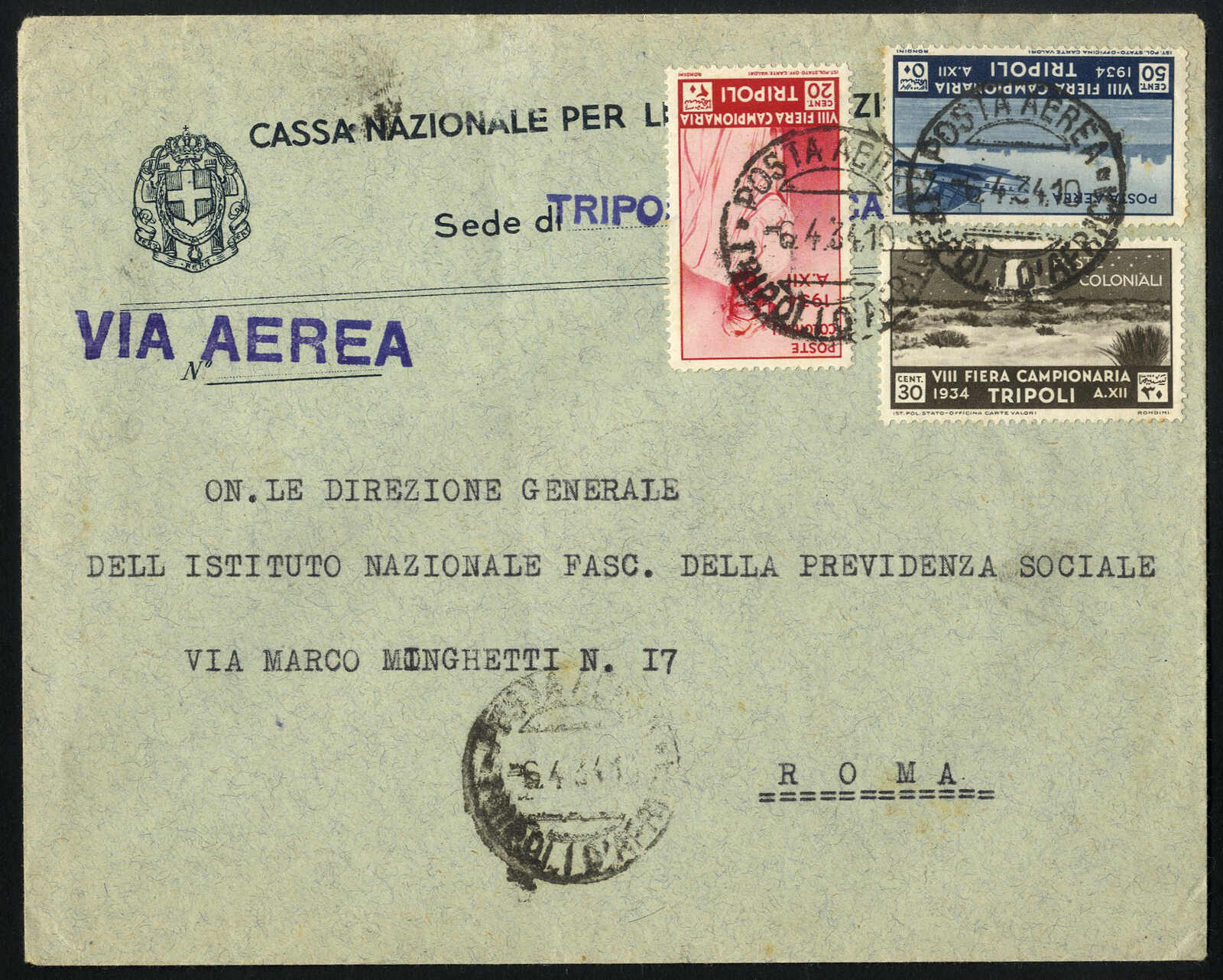 1934, due lettere aeree da Tripoli per Roma affrancate con "VIII ...